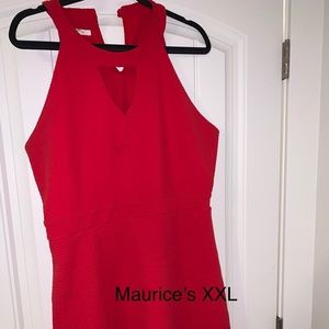 Red halter peephole dress
